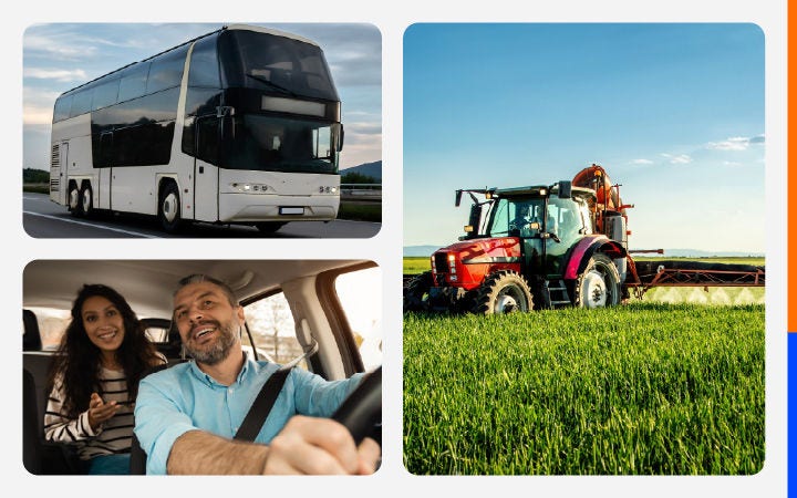 Hombre manejando, Tractor y bus en ruta